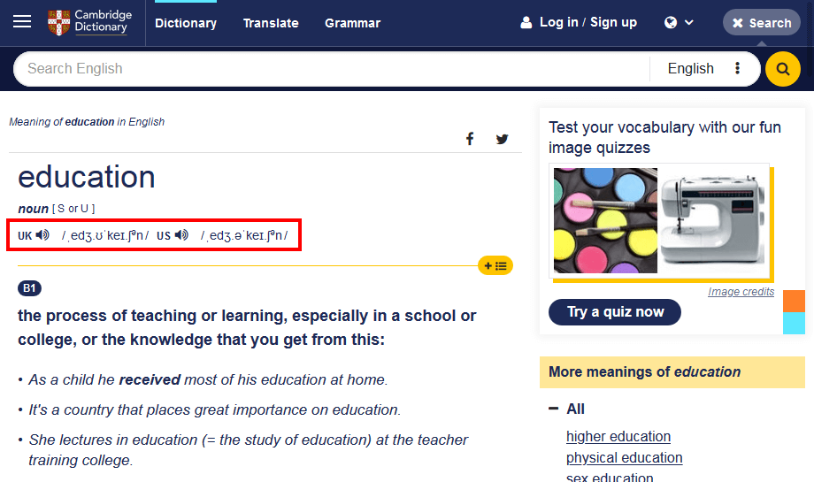 Как проверить произношение в словаре Cambridge